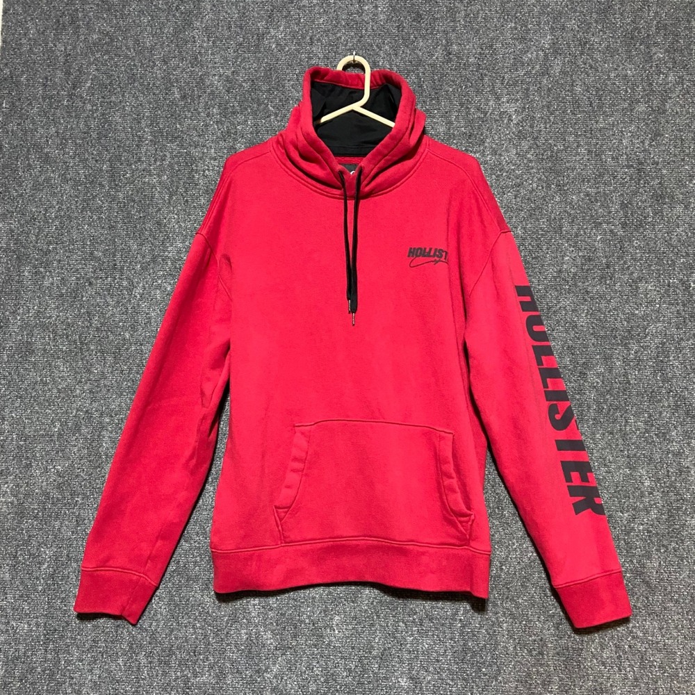 Hollister‎ Mens Red Graphic Logo Pullover Hoodie Sweatshirt Size L Fleece Lined